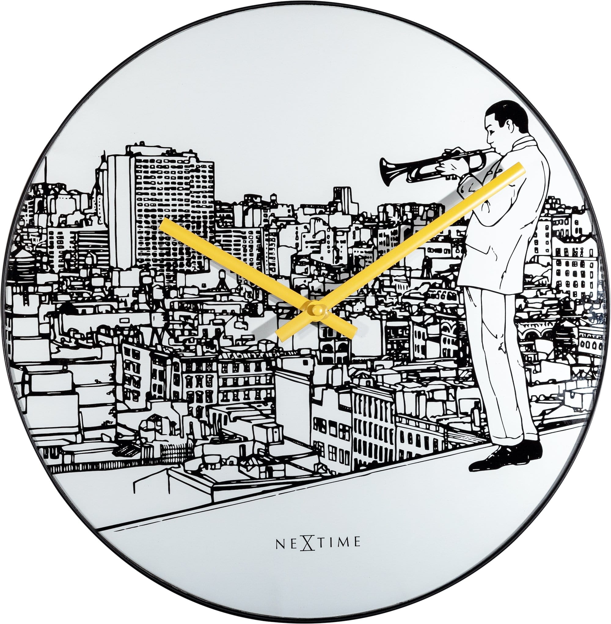 NeXtime Clocks wall clock, 40cm, glass and metal, trumpet city design, modern decorative timepiece for wall display
